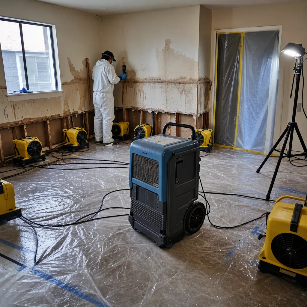 Water damage restoration professional using moisture testing equipment in a room